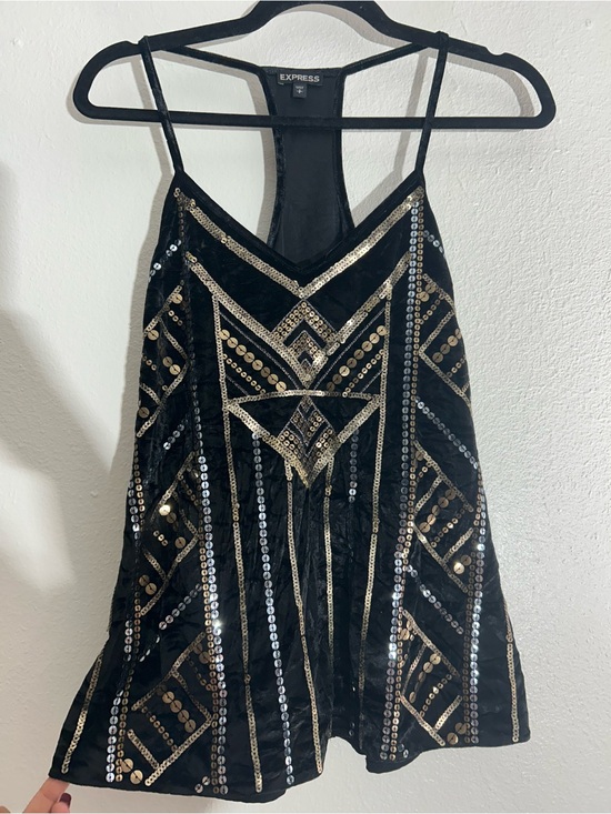 Express Tops - Express Black Tank Top with Gold & Silver Sequin Geometric Design